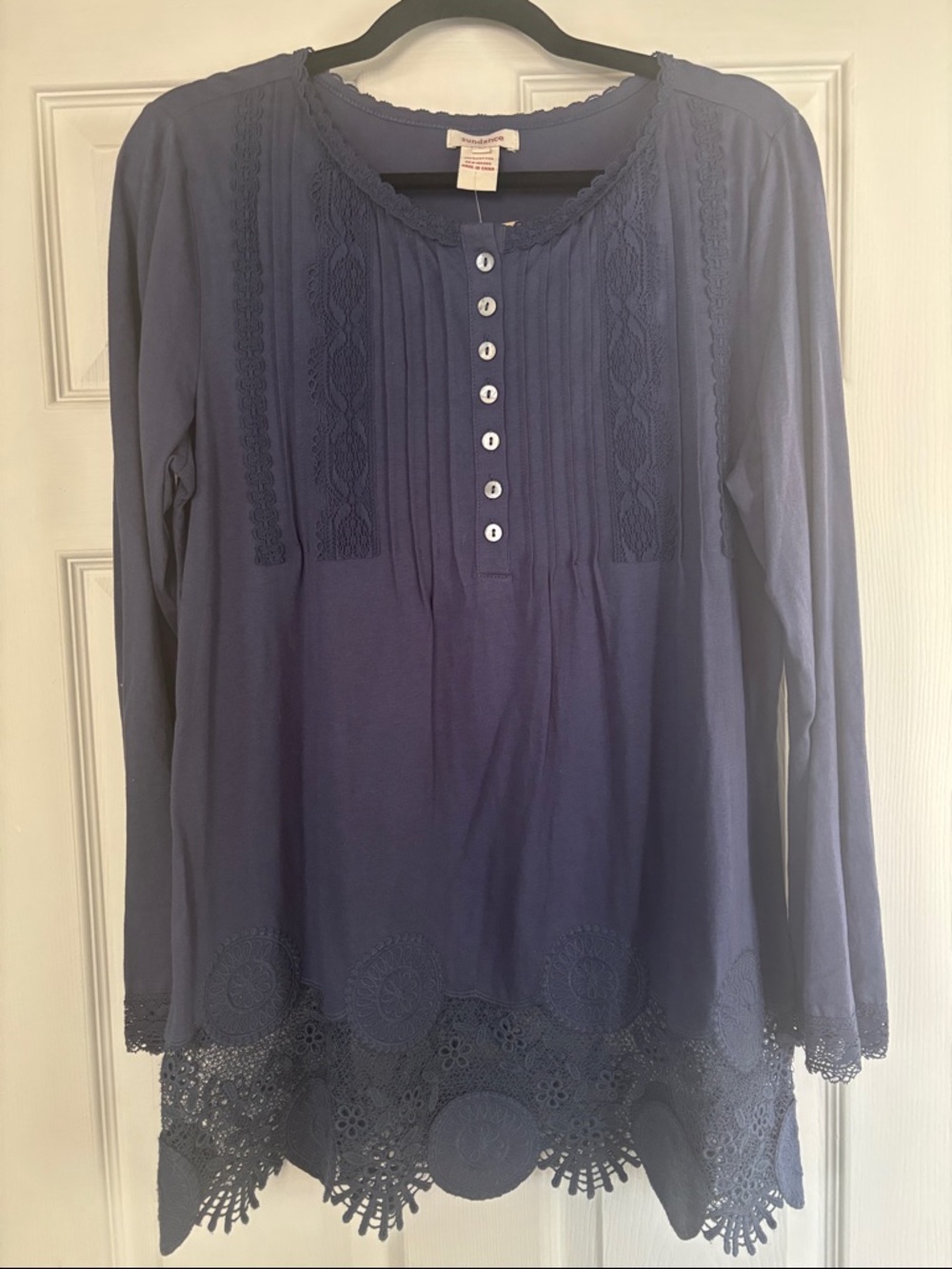 NWT! Sundance Navy blue Crochet-Trim Women's Cotton Pintuck Top